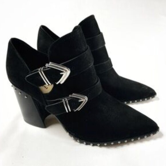 Gianni Bini Women’s Black Suede Buckle Studded Heel Booties – Size 8 - Picture 1 of 6